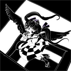 Rule 34 | 1girl, cellphone, checkered clothes, checkered skirt, collared shirt, from51572962, full body, geta, greyscale, hat, high contrast, himekaidou hatate, holding, holding phone, long hair, looking at viewer, monochrome, phone, shirt, skirt, socks, solo, tengu-geta, tokin hat, touhou, twintails, two-tone background, wings