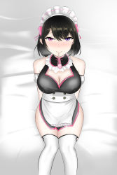 Rule 34 | 1girl, apron, armband, arms behind back, bai winchester, bameong, bare shoulders, bed sheet, black hair, blush, breasts, breath, cleavage, closed mouth, closers, condom, condom in mouth, cum, detached collar, dot nose, female focus, half-closed eyes, heterochromia, highres, holding, knees together feet apart, large breasts, legs together, looking at viewer, maid, maid apron, maid headdress, mouth hold, on bed, purple eyes, short hair, sitting, smile, solo, thighhighs, used condom, white thighhighs