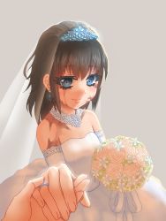 Rule 34 | 1girl, bare shoulders, black hair, blue eyes, bouquet, breakroom chaos, bridal veil, bride, burn scar, diadem, dorei to no seikatsu ~teaching feeling~, dress, earrings, elbow gloves, eyelashes, flower, gloves, grey background, holding hands, happy, jewelry, long hair, necklace, ring, scar, simple background, smile, solo focus, sylvie (dorei to no seikatsu), veil, wedding band, wedding dress, white dress, white gloves
