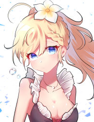 Rule 34 | 1girl, :/, ahoge, bare arms, bare shoulders, bikini, black bikini, blonde hair, blue eyes, braid, braided bangs, breasts, bright pupils, closed mouth, collarbone, commentary, crown braid, eyelashes, eyes visible through hair, flower, flower request, frilled bikini, frills, front-tie bikini top, front-tie top, g36 (50 days with g36) (girls&#039; frontline), g36 (girls&#039; frontline), girls&#039; frontline, hair between eyes, hair flower, hair ornament, head tilt, highres, huge ahoge, jewelry, long hair, looking at viewer, medium breasts, meow nyang, necklace, official alternate costume, pout, raised eyebrows, ringed eyes, simple background, solo, swept bangs, swimsuit, upper body, white background, white flower, white pupils