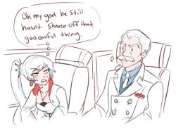 Rule 34 | 1boy, 1girl, airplane interior, chair, dashingicecream, double-breasted, english text, facial hair, father and daughter, formal, jacques schnee, jewelry, lowres, mr schnee, mustache, necklace, necktie, papa schnee, ponytail, rwby, sparkle, spoilers, sweat, thought bubble, weiss schnee, weiss schnee&#039;s father