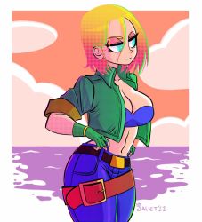 Rule 34 | 1girl, belt, blonde hair, blue eyes, blue mary, breasts, cleavage, denim, fatal fury, fingerless gloves, gloves, jacket, jeans, large breasts, midriff, navel, pants, snk, the king of fighters