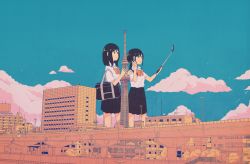 Rule 34 | 2girls, 456 (456log), arm support, bag, black eyes, black skirt, blouse, blue sky, bow, bridge, building, city, cityscape, cloud, collared shirt, day, female focus, flat color, from side, giant, giantess, hair over shoulder, hand on another&#039;s shoulder, lamppost, long hair, looking away, multiple girls, nature, original, outdoors, plant, pleated skirt, ponytail, school bag, school uniform, selfie, selfie stick, serafuku, shirt, shoulder bag, side-by-side, sitting, skirt, sky, smile, standing, taking picture, twintails, uniform, v, w, white shirt