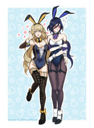Rule 34 | 2girls, :d, adapted costume, animal ears, aya (smalltrashpanda), bare shoulders, black hair, black pantyhose, black thighhighs, blonde hair, blue eyes, blush, boots, breasts, cleavage, clorinde (genshin impact), commentary, cross-laced footwear, detached sleeves, fake animal ears, genshin impact, hand up, highres, lace-up boots, leotard, long hair, long sleeves, looking at viewer, medium breasts, multiple girls, navia (genshin impact), open mouth, pantyhose, rabbit ears, shoes, smile, strapless, strapless leotard, thigh boots, thigh strap, thighhighs, very long hair