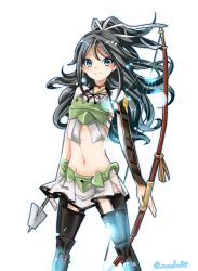 Rule 34 | 10s, 1girl, armor, arrow (projectile), asymmetric gloves, asymmetrical gloves, bad id, bad twitter id, black hair, black thighhighs, blue eyes, bow, bow (weapon), crossbow, elbow gloves, fingerless gloves, flight deck, gloves, hair ribbon, holding, holding weapon, kantai collection, katsuragi (kancolle), long hair, looking at viewer, machinery, midriff, mitsu (nonoko05), navel, ponytail, ribbon, shikigami, simple background, smile, solo, standing, thighhighs, uneven gloves, wavy hair, weapon, zettai ryouiki