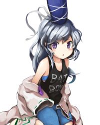 Rule 34 | 1860 (ichi), 1girl, bare shoulders, blue bra, blue eyes, blue shorts, blush, bra, breasts, unworn clothes, clothes writing, collarbone, english text, hands in opposite sleeves, hat, japanese clothes, kariginu, looking at viewer, mononobe no futo, ponytail, short hair, shorts, silver hair, simple background, sitting, small breasts, solo, tank top, tate eboshi, touhou, triangle mouth, underwear, wariza, white background