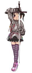 Rule 34 | 1girl, ahoge, argyle, argyle clothes, argyle legwear, arm up, armor, backpack, bag, belt, black skirt, brown belt, brown eyes, brown shirt, chainmail, chestnut mouth, commentary, couter, crime prevention buzzer, cuirass, facing viewer, frilled skirt, frills, full body, gauntlets, hair ornament, hair scrunchie, half-swording, harness, highres, holding, holding sword, holding weapon, kikai (akita morgue), layered skirt, light blush, long sword, looking to the side, one eye closed, open mouth, original, pattern request, pauldrons, pink bag, purple thighhighs, rondel, scrunchie, shirt, shoes, shoulder armor, skirt, sneakers, solo, standing, sword, thighhighs, weapon, white background, zettai ryouiki