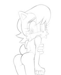 Rule 34 | 1girl, animal ears, ass, bare shoulders, bottomless, female focus, filthypaladin, from behind, furry, furry female, greyscale, hand up, highres, looking back, looking down, looking to the side, monochrome, open mouth, pussy, sally acorn, shirt, short hair, simple background, sketch, sleeveless, sleeveless shirt, solo, sonic (series), tail, uncensored, white background