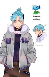 Rule 34 | 1boy, black hair, black pants, black shirt, blue eyes, blue hair, blue jacket, breast pocket, character name, coat, commentary request, cowboy shot, facing viewer, fur-trimmed jacket, fur trim, goggles, goggles around neck, grey jacket, hair down, hair tie, hands in pockets, highres, humanization, jacket, looking to the side, male focus, multicolored clothes, multicolored hair, multicolored jacket, multiple views, muscular, open clothes, open jacket, pants, personification, plants vs zombies, pocket, ponytail, shirt, short hair, sigh, simple background, skin tight, skin tight clothing, smile, snow goggles, snow pea (plants vs zombies), tagme, undercut, white background, winter clothes, winter coat