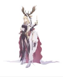 Rule 34 | 1girl, absurdres, animal ears, antlers, antlers through headwear, arknights, armored boots, black gloves, black shirt, blonde hair, boots, breasts, candle, cloak, deer antlers, deer ears, deer girl, ears through headwear, full body, gloves, hair between eyes, hand up, high heels, highres, holding, holding candle, hood, hooded cloak, horns, kingdom of kazimierz logo, long hair, looking at viewer, medium breasts, partially fingerless gloves, perfectparallelworld, purple eyes, shirt, simple background, solo, standing, tachi-e, two-sided cloak, two-sided fabric, viviana (arknights), white background, white cloak