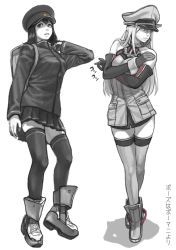 Rule 34 | 10s, 2girls, akitsu maru (kancolle), backpack, bag, bare shoulders, bismarck (kancolle), collarbone, expressionless, facing viewer, fox shadow puppet, full body, greyscale, gufu (guffuumu), hat, jacket, kantai collection, long hair, looking away, military, military hat, military uniform, monochrome, multiple girls, pale skin, parted lips, peaked cap, pleated skirt, shadow, skirt, spot color, thighhighs, uniform, zettai ryouiki