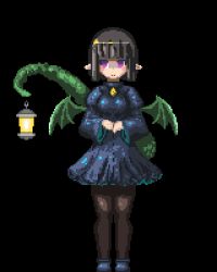Rule 34 | 1girl, black background, lantern, lowres, magic castle re pure aria, monster girl, pixel art, pointy ears, tagme, tail, wings, yomitim