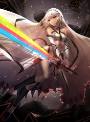 Rule 34 | 10s, 1girl, altera (fate), bad id, bad pixiv id, bare shoulders, black footwear, black socks, blurry, blurry background, breasts, commentary request, crop top, dark-skinned female, dark skin, depth of field, detached sleeves, fate/extella, fate/extra, fate (series), hair between eyes, holding, holding sword, holding weapon, kneehighs, long sleeves, mallizmora, photon ray (fate), red eyes, shoes, short hair, silver hair, small breasts, socks, solo, sword, torn clothes, torn veil, veil, weapon