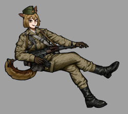 Rule 34 | 1girl, absurdres, ak-74, akm, akms, aks-74, animal ears, assault rifle, black footwear, blonde hair, boots, brown gloves, brown jacket, brown pants, cigarette, collared jacket, commentary, commission, east german, freckles, from side, garrison cap, gloves, green hat, grey background, grey eyes, gun, gun sling, hat, highres, holding, holding gun, holding weapon, invisible chair, jacket, kalashnikov rifle, long sleeves, looking at viewer, military, military hat, military uniform, mpi-kms, original, pants, pants tucked in, pocket, remora25, rifle, short hair, simple background, sitting, solo, tail, uniform, weapon
