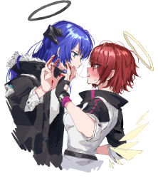 Rule 34 | 2girls, arknights, black coat, black gloves, black halo, black jacket, blood, blood on hands, blue eyes, blush, coat, commentary request, dark halo, energy wings, exusiai (arknights), eye contact, eyes visible through hair, fingerless gloves, fur-trimmed coat, fur trim, gloves, halo, hand up, highres, hood, hood down, hooded coat, jacket, looking at another, mostima (arknights), multicolored clothes, multicolored jacket, multiple girls, na tarapisu153, parted lips, red hair, saliva, saliva trail, shirt, short hair, simple background, sleeves rolled up, sweat, two-tone jacket, upper body, white background, white jacket, white shirt, yuri