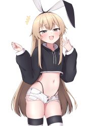 Rule 34 | +++, 1girl, :d, absurdres, black hoodie, black ribbon, blonde hair, blush, crop top, fingernails, grey eyes, groin, hair ribbon, highleg, highleg panties, highres, hood, hoodie, kantai collection, long hair, midriff, navel, open mouth, panties, ribbon, shimakaze (kancolle), short shorts, shorts, sidelocks, simple background, smile, smug, solo, striped clothes, striped thighhighs, thighhighs, tiemu (man190), underwear, white background, white shorts