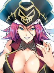Rule 34 | 1girl, bare shoulders, blue eyes, breasts, cleavage, fate/grand order, fate (series), francis drake (fate), grin, hat, large breasts, looking at viewer, pink hair, pirate, pirate hat, scar, scar on face, smile, solo, spiked hair, tsurime, upper body, youshuu