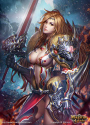 Rule 34 | 1girl, armor, bird, breasts, brown eyes, brown hair, cleavage, copyright name, cowboy shot, faulds, fur trim, gauntlets, large breasts, leo (symbol), leo (zodiac), lionessa the beast goddess, long hair, magnus ignis, navel, neoartcore, official art, pauldrons, pubic curtain, shoulder armor, side slit, sideboob, solo, sparks, standing, sword, thighhighs, watermark, weapon, web address, zodiac