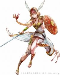 Rule 34 | 1girl, arm guards, armor, artist request, belt, blonde hair, braid, breastplate, collarbone, copyright name, dress, full body, gladiator sandals, green eyes, helmet, holding, holding sword, holding weapon, long hair, looking at viewer, low-tied long hair, official art, sandals, shield, shoes, simple background, single braid, smile, solo, sword, toeless footwear, valkyrie (vnd), valkyrie anatomia, valkyrie no densetsu, valkyrie profile (series), weapon, white background, winged helmet, wings