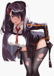 Rule 34 | absurdres, back, bend, bent over, black coat, black gloves, black jacket, black pantyhose, blunt bangs, blush, breasts, buttons, clothes pull, coat, commentary request, cross, cross necklace, eyebrows, girls&#039; frontline, gloves, hair ribbon, head tilt, highres, huge filesize, jacket, jewelry, large breasts, long coat, long hair, looking down, loose necktie, necklace, necktie, nineye, open mouth, pantyhose, pantyhose pull, pleated sleeves, purple hair, red eyes, red necktie, red ribbon, ribbon, shirt, side ponytail, simple background, skirt, unworn skirt, solo, strap, taking off, thighs, torn clothes, torn pantyhose, undressing, very long hair, wa2000 (girls&#039; frontline), white background, white shirt