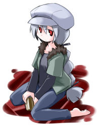 Rule 34 | 1girl, barefoot, braid, double brid, hat, kugelschreiber, long hair, red eyes, simple background, sitting, solo, very long hair, wariza, white background