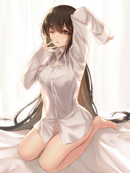 Rule 34 | 1girl, bison cangshu, blush, breasts, brown eyes, brown hair, character request, collared shirt, full body, hand up, highres, long hair, long sleeves, looking at viewer, medium breasts, naked shirt, one eye closed, open mouth, seiza, shirt, sitting, solo, stretching, waking up, warship girls r, white shirt