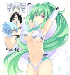 Rule 34 | 3girls, ahoge, armpits, arms behind head, bare shoulders, black sister, blanc (neptunia), blue hair, breasts, cleavage, drill hair, elbow gloves, gloves, green eyes, green hair, green heart (neptunia), grey hair, highres, large breasts, long hair, looking at viewer, looking back, multiple girls, navel, neptune (series), ponytail, power symbol, power symbol-shaped pupils, purple eyes, red eyes, short hair, short hair with long locks, smile, symbol-shaped pupils, twin drills, uni (neptunia), vert (neptunia), very long hair, white heart (neptunia), zero (ray 0805)