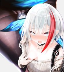 Rule 34 | 1girl, admiral graf spee (azur lane), admiral graf spee (peaceful daily life) (azur lane), azur lane, bad id, bad pixiv id, badge, bag, bare shoulders, black choker, black pantyhose, blue eyes, blush, breasts, breasts apart, button badge, choker, cleavage, clothes pull, collarbone, commentary, downblouse, drooling, dutch angle, fang, fins, fish tail, from above, from below, full-face blush, heart, heart-shaped pupils, heavy breathing, highres, looking at viewer, looking up, multicolored hair, multiple views, nipples, no bra, one breast out, open mouth, panties, panties under pantyhose, pantyhose, pulling own clothes, saliva, shirt pull, short hair, sidelocks, skin fang, small breasts, streaked hair, sweat, sweater, symbol-shaped pupils, tail, thigh gap, thighs, underwear, w 62i, white hair, white panties