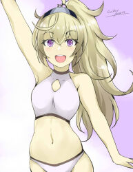 Rule 34 | 1girl, alternate hairstyle, bikini, blonde hair, breasts, cowboy shot, gakky, gambier bay (kancolle), hairband, halterneck, kantai collection, large breasts, multicolored hairband, navel, one-hour drawing challenge, open mouth, ponytail, purple eyes, round teeth, smile, solo, swimsuit, teeth, turtleneck, upper teeth only, waving, white bikini