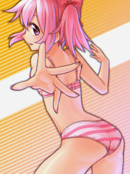 Rule 34 | 1girl, ass, bad id, bad pixiv id, bow, bra, female focus, from behind, hair between eyes, hair bow, kaname madoka, looking at viewer, looking back, mahou shoujo madoka magica, mahou shoujo madoka magica (anime), open mouth, outstretched arm, paisen, panties, pink bra, pink hair, pink panties, reaching, red bow, red eyes, short hair, shoulder blades, solo, standing, striped background, striped bra, striped clothes, striped panties, twintails, underwear, underwear only
