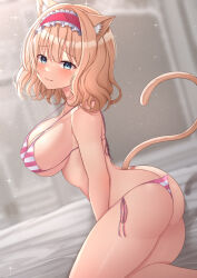 Rule 34 | 1girl, alice margatroid, alternate breast size, animal ear fluff, animal ears, aqua eyes, arm at side, ass, backlighting, bikini, blonde hair, blush, breasts, butt crack, cat ears, cat girl, cat tail, closed mouth, commentary request, curvy, dutch angle, fang, feet out of frame, film grain, frilled hairband, frills, from side, hair between eyes, hairband, highres, indoors, kemonomimi mode, large breasts, looking at viewer, medium hair, paid reward available, red hairband, reijing etrn, side-tie bikini bottom, sideboob, sitting, smile, solo, sparkle, striped bikini, striped clothes, swimsuit, tail, tail raised, thighs, touhou, tsurime, wavy hair, yokozuwari