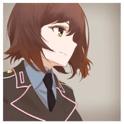 Rule 34 | 1girl, absurdres, black jacket, black necktie, brown eyes, brown hair, closed mouth, dress shirt, frown, girls und panzer, grey background, grey shirt, highres, jacket, lapels, long sleeves, looking to the side, military uniform, necktie, niedersachsen military uniform, nishizumi maho, notched lapels, oritako, shirt, short hair, simple background, solo, uniform, wing collar