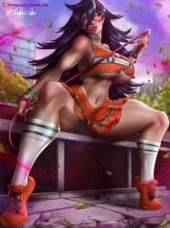 Rule 34 | 1girl, absurdres, alternate costume, black hair, blue eyes, boku no hero academia, boots, breasts, cheerleader, dominatrix, female focus, gym leader, gym uniform, high heels, highres, large breasts, lipstick, long hair, looking away, makeup, mask, mature female, midnight (boku no hero academia), smile, solo, teasing, thick thighs, thighs, uniform, whip