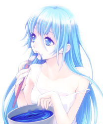 Rule 34 | 1girl, art brush, bad id, bad pixiv id, bare shoulders, blue eyes, blue hair, blush, breasts, bucket, cleavage, collarbone, hair between eyes, highres, holding, long hair, looking to the side, matching hair/eyes, original, paint, paintbrush, simple background, solo, usashiro mani, white background