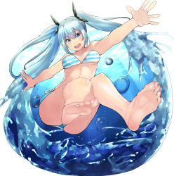 Rule 34 | 1girl, barefoot, bikini, blue bikini, blue eyes, blue hair, blue nails, breasts, breasts apart, collarbone, feet, female focus, fingernails, full body, hair ornament, hair ribbon, hatsune miku, legs together, long hair, long twintails, looking at viewer, medium breasts, nail polish, open mouth, outstretched arms, ribbon, side-tie bikini bottom, soles, solo, spread arms, striped bikini, striped clothes, swimsuit, teeth, toenail polish, toenails, toes, twintails, two side up, upper teeth only, vocaloid, water, white bikini