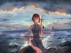 Rule 34 | 1girl, anchor, backlighting, backy (626574394), bad id, bad pixiv id, bird, black dress, blunt bangs, brown hair, china dress, chinese clothes, cloud, cloudy sky, commentary request, cowboy shot, dress, erhu, instrument, jewelry, long sleeves, music, necklace, ocean, orange eyes, outdoors, playing instrument, remodel (warship girls r), sash, seagull, signature, sitting, sky, solo, thigh strap, warship girls r, waves, yat sen (warship girls r)