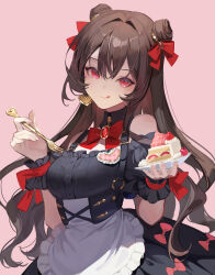 Rule 34 | 1girl, absurdres, apron, bare shoulders, black dress, breasts, brown hair, cake, chyoel, double bun, dress, food, fork, hair bun, hair ornament, highres, large breasts, licking lips, long hair, looking at viewer, original, plate, red eyes, smile, solo, tongue, tongue out, waist apron