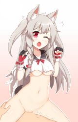 Rule 34 | 1boy, 1girl, animal ears, azur lane, bottomless, bow, breasts, claw pose, cowgirl position, crop top, crop top overhang, grey hair, highres, medium breasts, non-web source, ohno, open mouth, red bow, red eyes, sex, shirt, straddling, tail, underboob, vaginal, white shirt, wolf ears, wolf girl, wolf tail, yuudachi (azur lane)