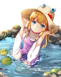 Rule 34 | 1girl, bad id, bad pixiv id, barefoot, blonde hair, blue eyes, flower, hand on headwear, hat, hat flower, highres, in water, lily pad, looking at viewer, moriya suwako, open mouth, papo, rock, sitting, solo, touhou, wariza, water, water drop, wet