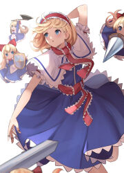 Rule 34 | 1girl, alice margatroid, axe, blonde hair, blue dress, blue eyes, capelet, commentary, daweykun, dress, drill, hairband, highres, holding, holding axe, hourai doll, incoming attack, long dress, red hairband, serious, shield, solo, touhou, white background, white capelet