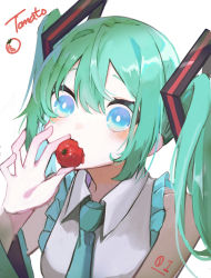 Rule 34 | 1girl, absurdres, aqua hair, arm tattoo, bare shoulders, blue eyes, blue necktie, blush, bright pupils, collared shirt, commentary request, detached sleeves, english text, food, frills, grey shirt, hatsune miku, highres, holding, holding food, long hair, long sleeves, looking at viewer, necktie, number tattoo, shirt, solo, tattoo, tomato, twintails, upper body, vocaloid, yukihira makoto