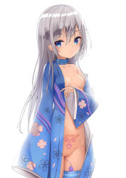 Rule 34 | 1girl, absurdres, bare shoulders, blue collar, blue eyes, breasts, cleft of venus, closed mouth, collar, collarbone, floral print, groin, hair between eyes, highres, japanese clothes, kimono, long hair, long sleeves, naked kimono, navel, nipples, nuolin (amaki-aria), off shoulder, open clothes, open kimono, original, print kimono, pubic tattoo, pussy, remote control vibrator, sakutaishi, sex toy, silver hair, simple background, sleeves past wrists, small breasts, smile, solo, stomach tattoo, tattoo, uncensored, very long hair, vibrator, white background, wide sleeves