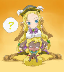 Rule 34 | 1girl, ?, bad id, bad pixiv id, blonde hair, blue eyes, blush, bow, bowtie, breast rest, breasts, breasts on head, dahlia (rune factory), earrings, feathers, furry, furry female, furry male, furry with non-furry, hat, interspecies, jewelry, long hair, mice (rune factory), open mouth, pointy ears, pole (ppp1409), rune factory, rune factory 3, sheep, twintails