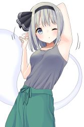Rule 34 | 1girl, ;o, alternate costume, arm behind head, armpits, bare shoulders, black hairband, blush, bob cut, breasts, collarbone, eyelashes, ghost, green eyes, green shorts, grey tank top, hairband, highres, hitodama, konpaku youmu, konpaku youmu (ghost), looking at viewer, medium breasts, motion lines, one eye closed, open mouth, short hair, shorts, silver hair, simple background, solo, standing, stigma1101, stretching, tank top, touhou, upper body, white background