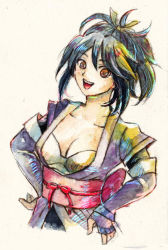 Rule 34 | 00s, 1girl, black hair, breasts, brown eyes, cleavage, female focus, fujibayashi sheena, hands on own hips, happy, japanese clothes, long hair, open mouth, solo, tales of (series), tales of symphonia, white background