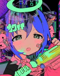 Rule 34 | 1girl, ahoge, animal ears, black eyes, blue hair, collar, fang, halo, highres, holding, holding weapon, looking at viewer, momae makku, open mouth, original, short hair, solo, spiked collar, spikes, water gun, weapon