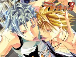 Rule 34 | 2boys, blonde hair, from above, gian carlo, grey hair, ivan fiore, jewelry, lucky dog, male focus, multiple boys, necklace, prison, prisoner, striped, tennenouji, tongue, yaoi