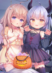 Rule 34 | 2girls, :o, ahoge, angel wings, animal ears, apron, bare shoulders, black dress, black legwear, black tail, black wings, bow, breasts, brown hair, candy, candy wrapper, cat hair ornament, commentary request, demon horns, demon tail, demon wings, detached sleeves, dress, food, food-themed hair ornament, frilled apron, frilled dress, frilled sleeves, frills, grey hair, hair between eyes, hair ornament, halloween, halloween bucket, halloween costume, hand on own cheek, hand on own chest, hand on own face, hands up, highres, horns, long hair, long sleeves, looking at viewer, multiple girls, open mouth, original, paw pose, pink bow, pink ribbon, pumpkin, purple eyes, ribbon, short sleeves, small breasts, tail, thighhighs, thighs, usashiro mani, white legwear, wings, zettai ryouiki