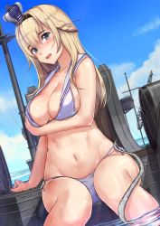 Rule 34 | 1girl, absurdres, akasaai, bad id, bad twitter id, bikini, bikini pull, blonde hair, blue eyes, blue sky, blush, breast hold, breasts, cleavage, clothes pull, cloud, cosplay, crown, day, dutch angle, enemy naval mine (kancolle), hair between eyes, hairband, highres, kantai collection, large breasts, long hair, looking at viewer, mini crown, navel, open mouth, outdoors, sailor bikini, sailor collar, side-tie bikini bottom, sitting, sky, soaking feet, solo, swimsuit, tentacles, warspite (kancolle), wet, white bikini, wide hips, z3 max schultz (kancolle), z3 max schultz (kancolle) (cosplay)
