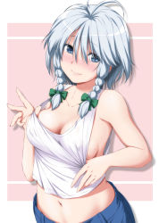 Rule 34 | 1girl, bare shoulders, blue eyes, blue pants, blush, bow, braid, breasts, casual, cleavage, collarbone, commentary request, green bow, hair bow, highres, izayoi sakuya, looking at viewer, loose clothes, loose pants, medium breasts, midriff, navel, no bra, nori tamago, pants, shirt, silver hair, smile, solo, sweat, tank top, touhou, twin braids, white shirt